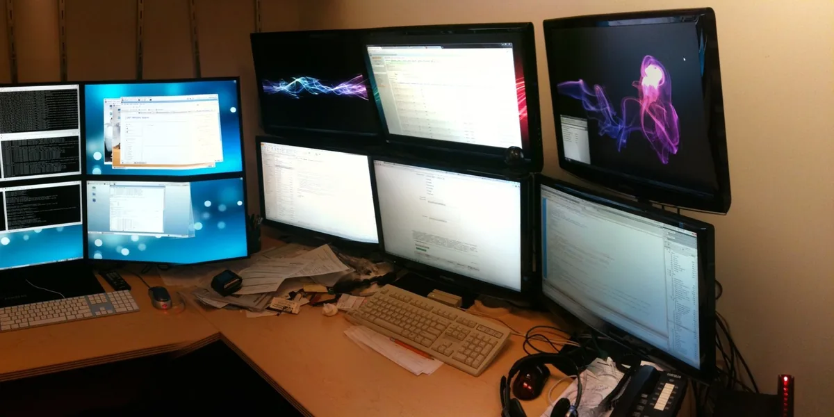 Eckschreibtisch mit einer Wand aus Monitoren in zwei Reihen, auf denen viele Programmfenster geöffnet sind, davor Tastaturen, lose Papiere und ein Telefon