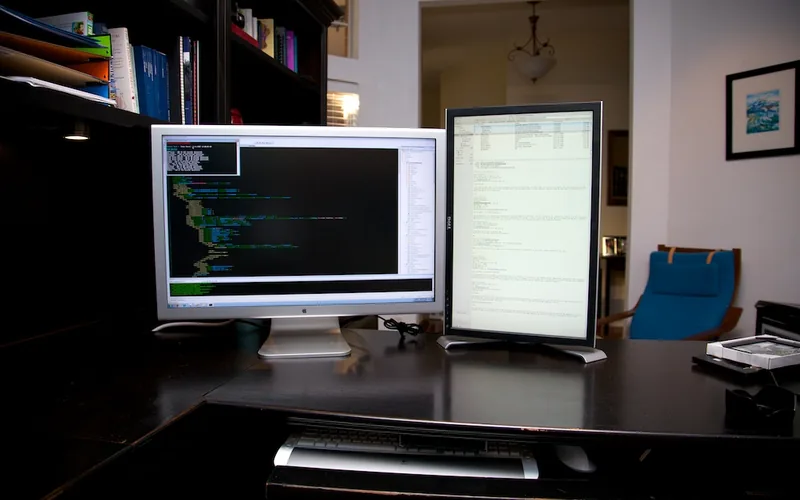 Breiter Monitor im Querformat neben einem hochkant gedrehten Monitor auf einem dunklen Schreibtisch, darunter ein Auszug mit Tastatur, im Hintergrund ein blauer Fauteuil